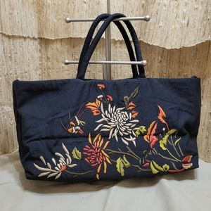 MOYNA Black Fabric Multicolored Embroidered Floral Tote Bag